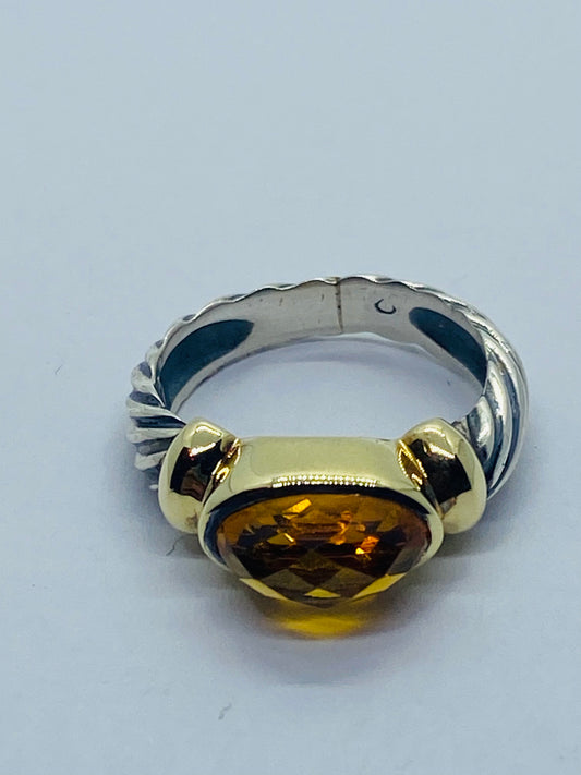 David Yurman 14K Yellow Gold Sterling Silver Citrine Cable Ring Rare Shape SZ 5