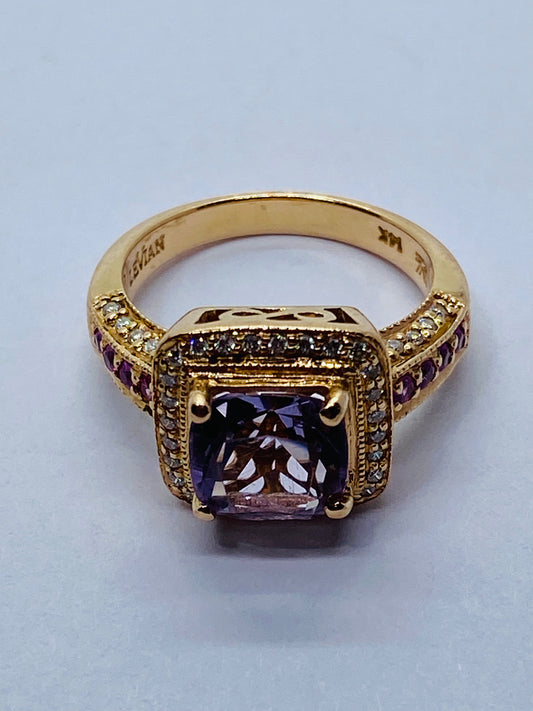 LeVian 14K Rose Gold Amethyst Pink Sapphire Diamond Halo Cocktail Ring READ!