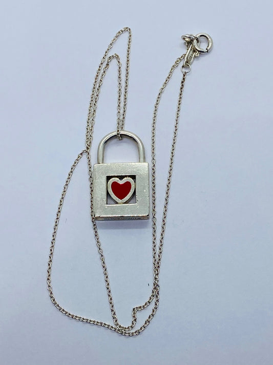 TIFFANY & CO. Red Heart Padlock Charm Sterling Silver Pendant Necklace 16”