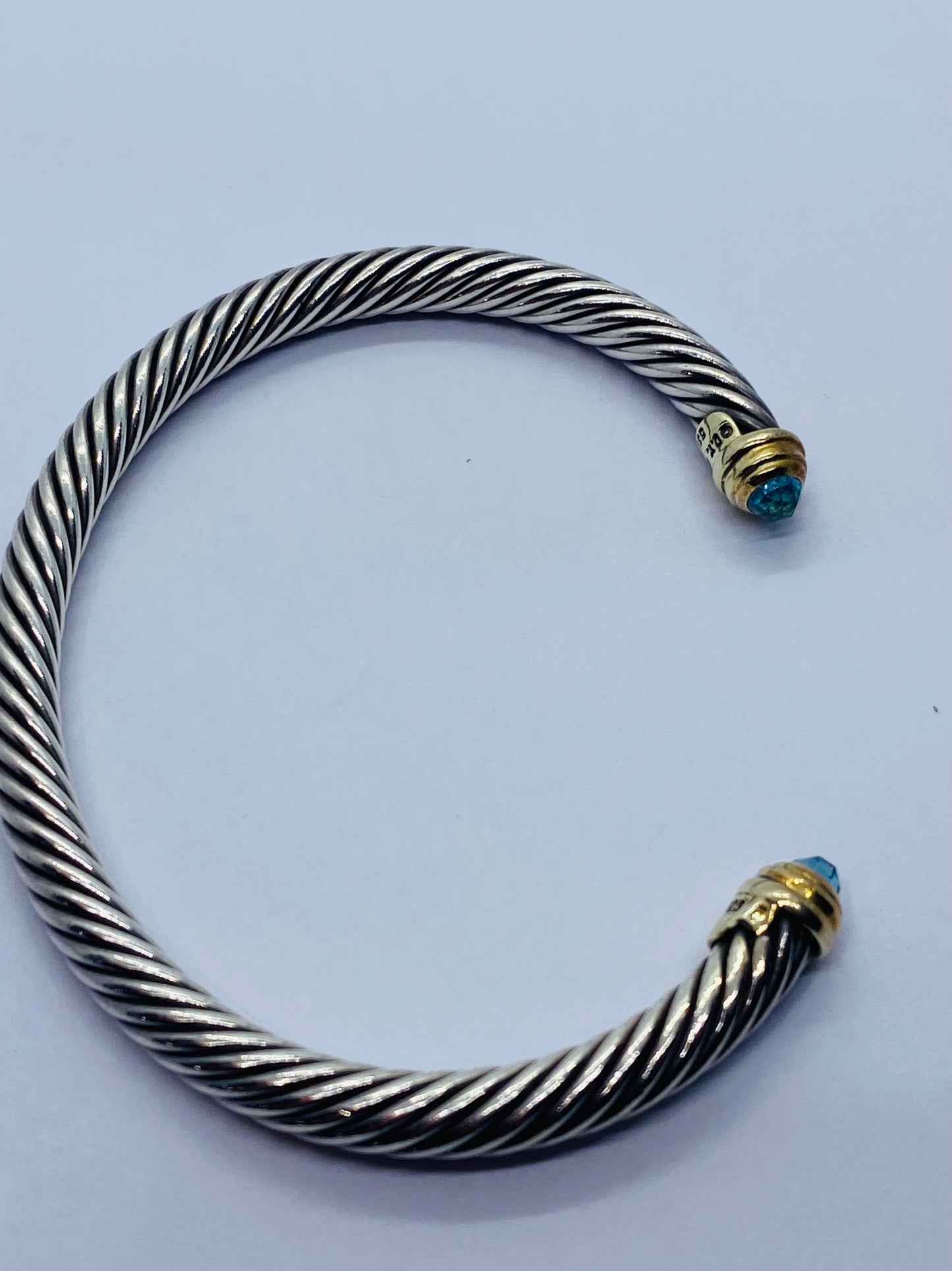 David Yurman Sterling Silver 14k Gold 5mm Cable Bangle Cuff Blue Topaz Bracelet