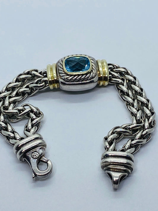 DAVID YURMAN ALBION BLUE TOPAZ DOUBLE WHEAT CABLE STERLING 14K GOLD BRACELET 7.5