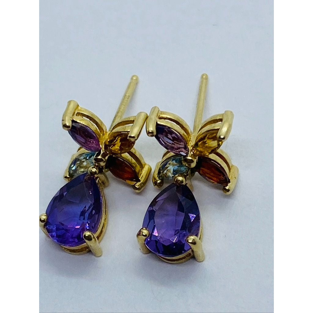 Solid 14K Yellow Gold Amethyst, Garnet, Citrine, Aquamarine Earrings
