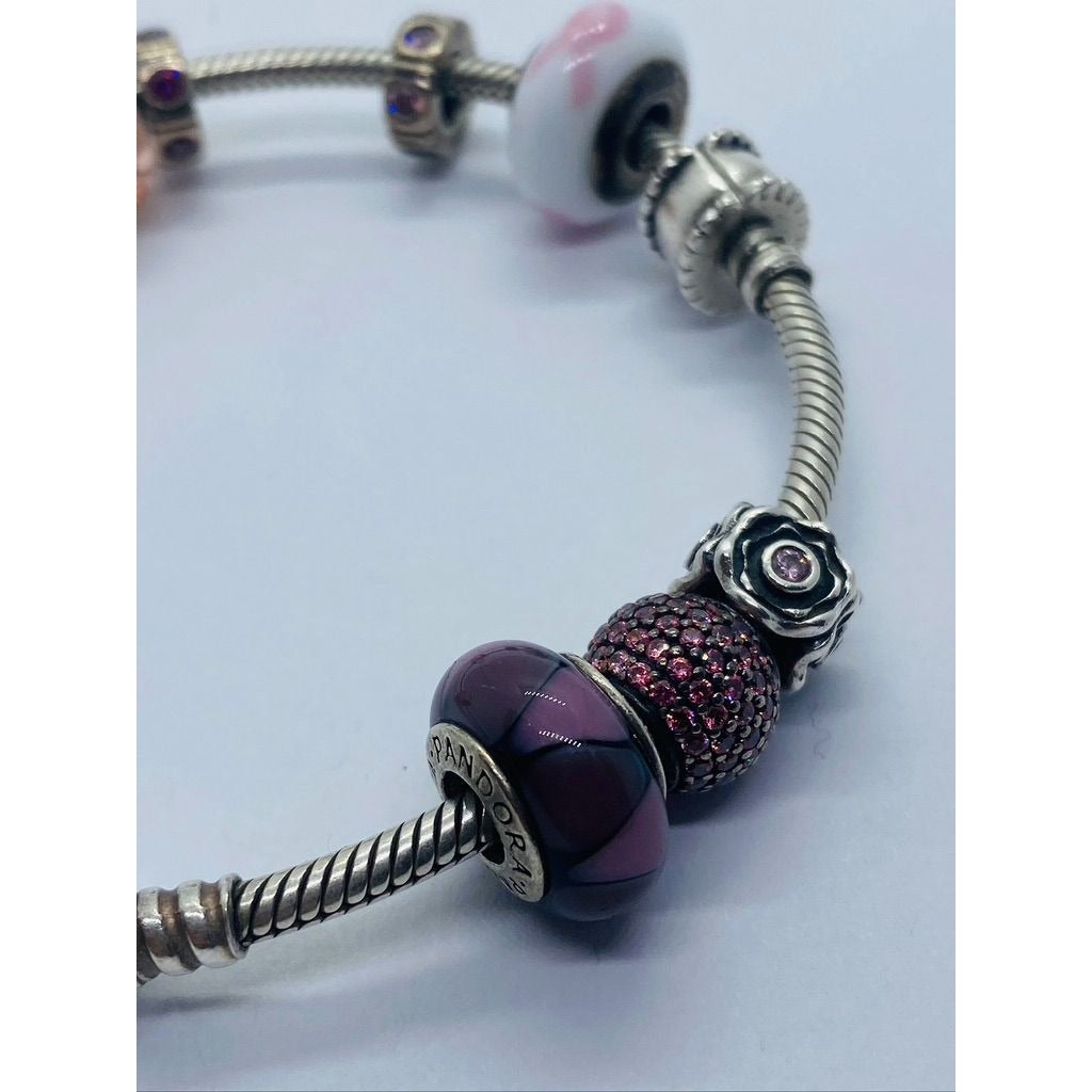 Authenitc Pandora Sterling Silver Bracelet With 9 Charms Pink Purple Theme