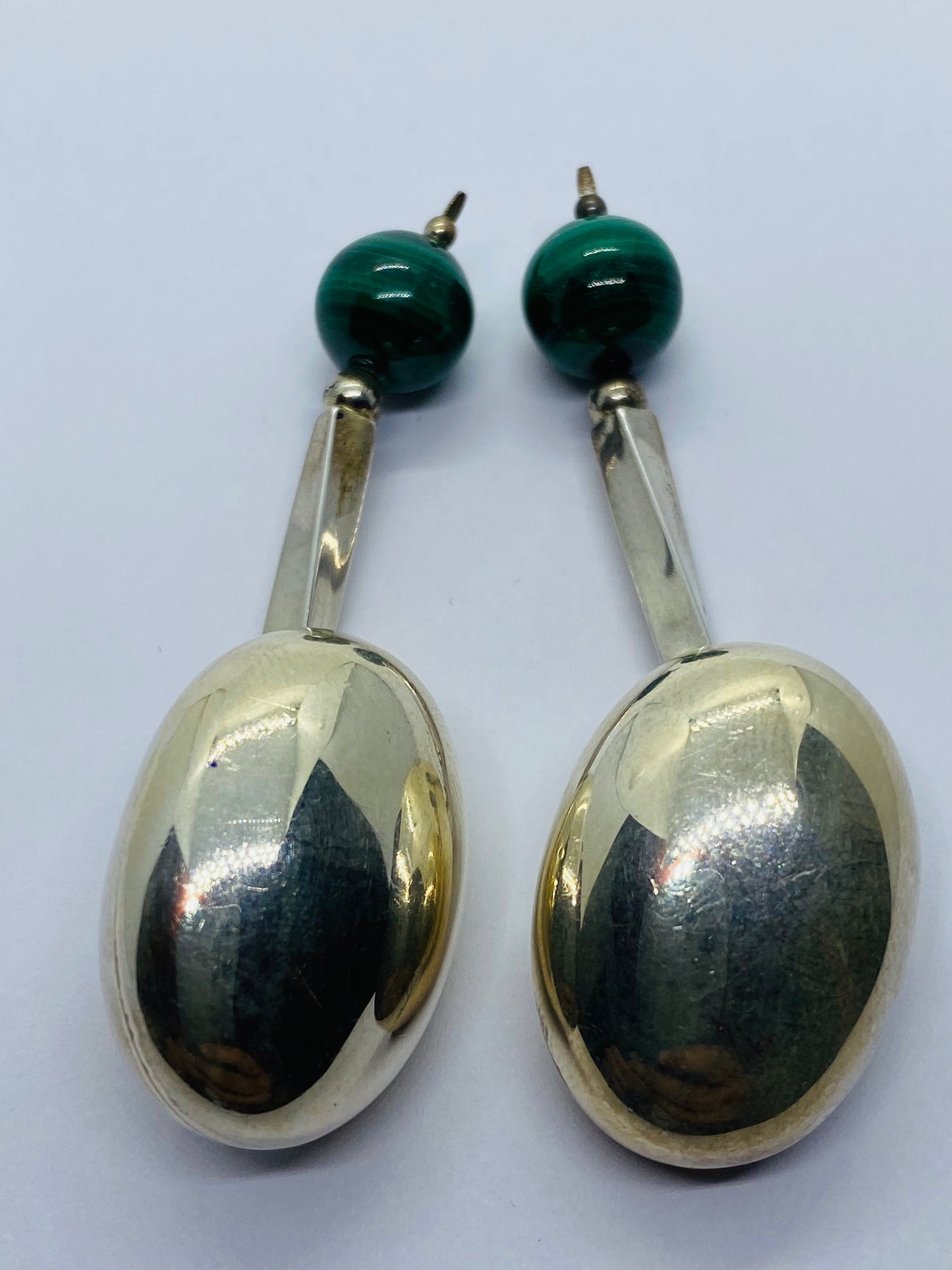 Tiffany & Co.  Sterling Silver Huge Malachite Drop Dangle Clip Earrings