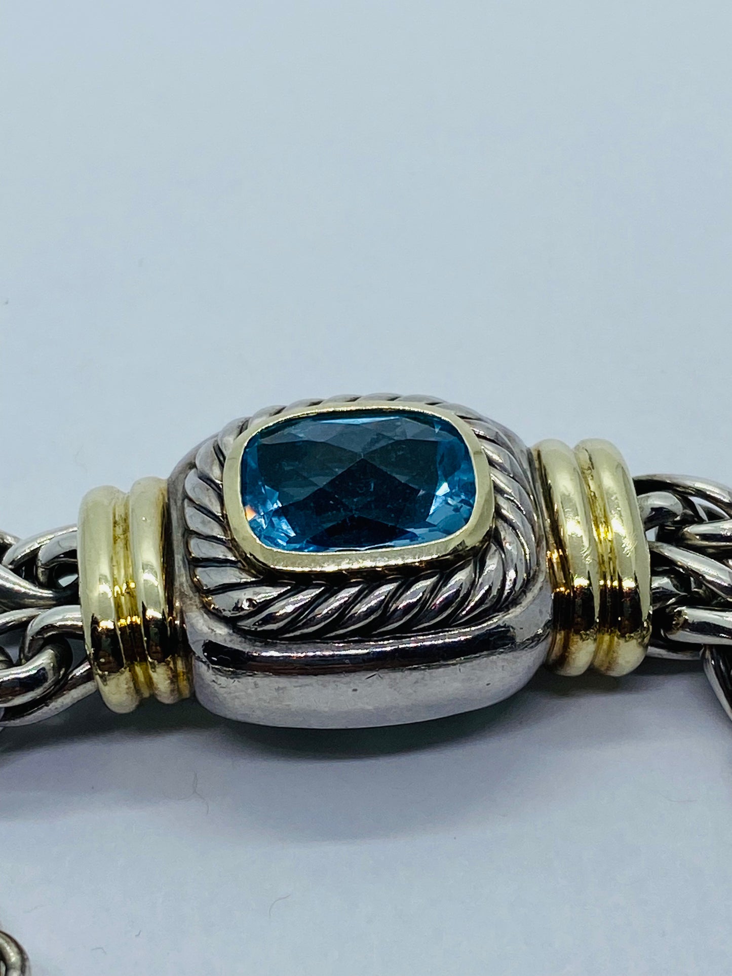 DAVID YURMAN ALBION BLUE TOPAZ DOUBLE WHEAT CABLE STERLING 14K GOLD BRACELET 7.5