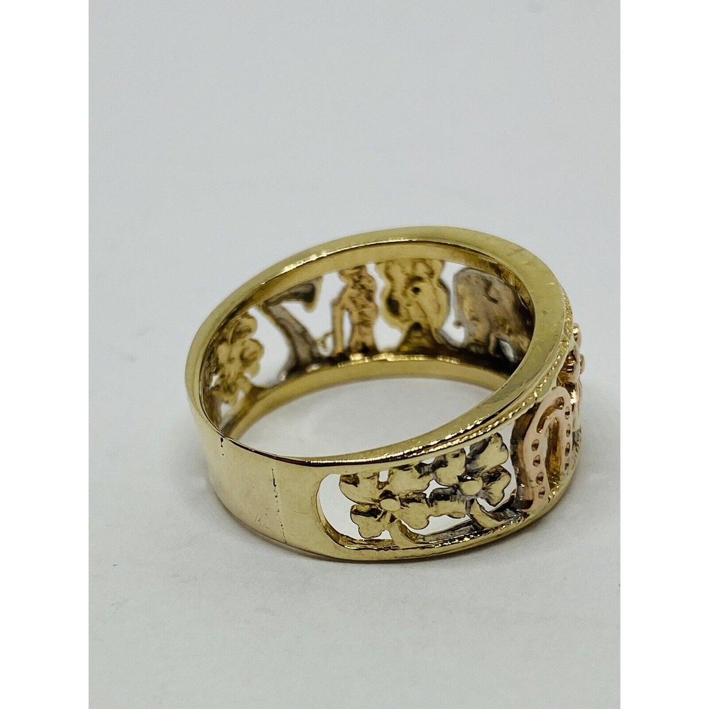 14K Solid Gold 10MM Wide Tri Color Good Luck Lucky Ring.  8.25 Ruby White Topaz
