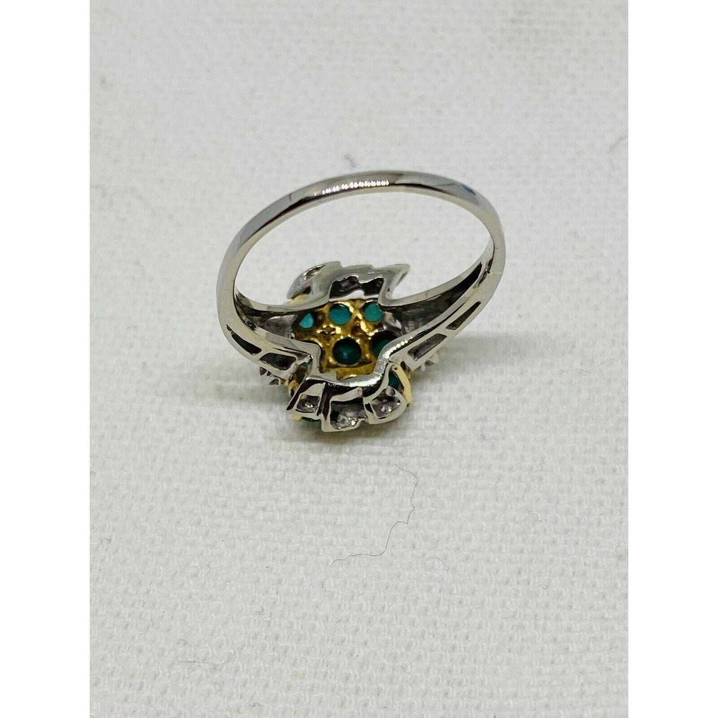 Vintage Diamond Emerald 18K White And Yellow Gold Cluster Ring