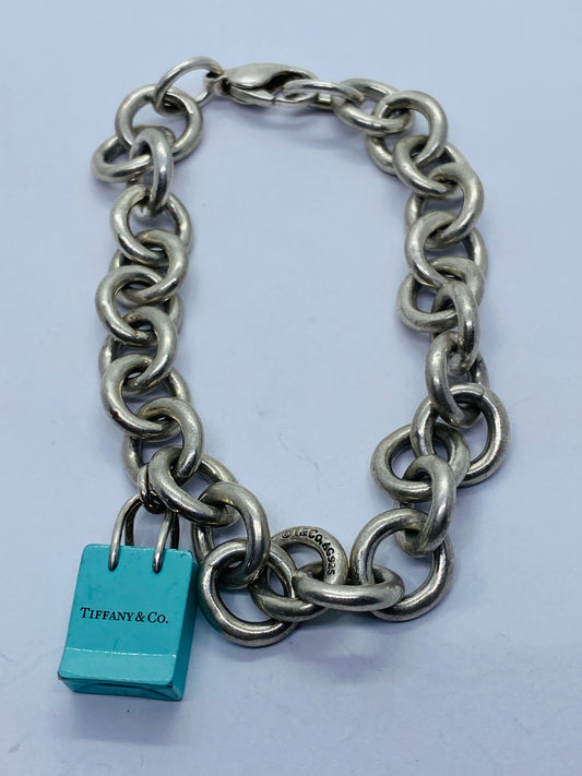 Tiffany & Co Rolo Link  Bracelet 8” W Blue Enamel Shopping Bag  T & Co 925 Pouch