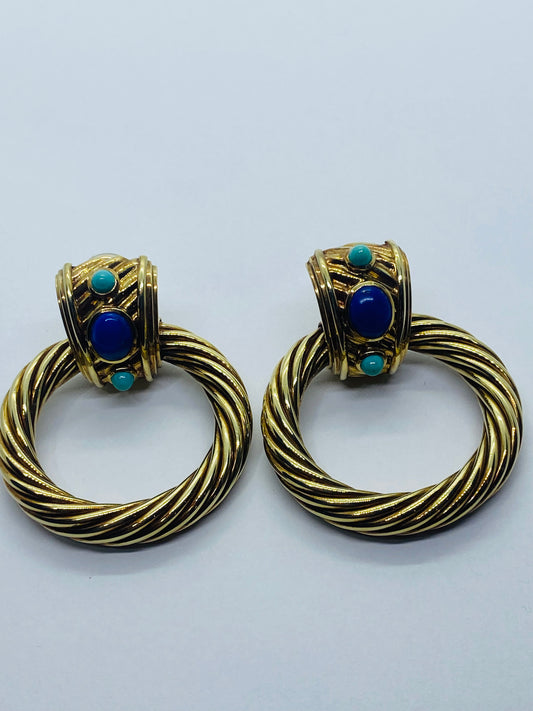 David Yurman Renaissance Lapis Turquoise 14k 7mm Cable Door Knocker Earrings 585