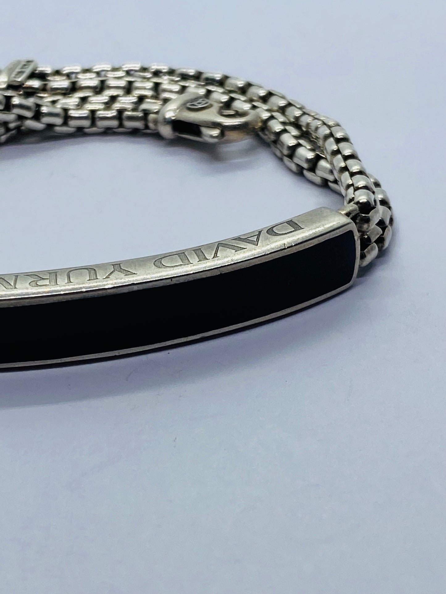 David Yurman Sterling Silver & Onyx ID Bracelet Double Box Chain Link 8.5”