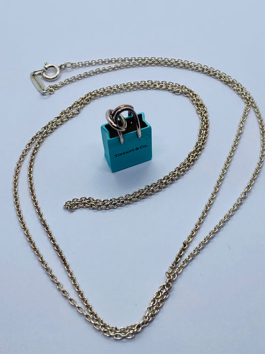 Tiffany & Co Sterling Silver Blue Enamel Shopping Bag Charm Pendant Necklace 25”