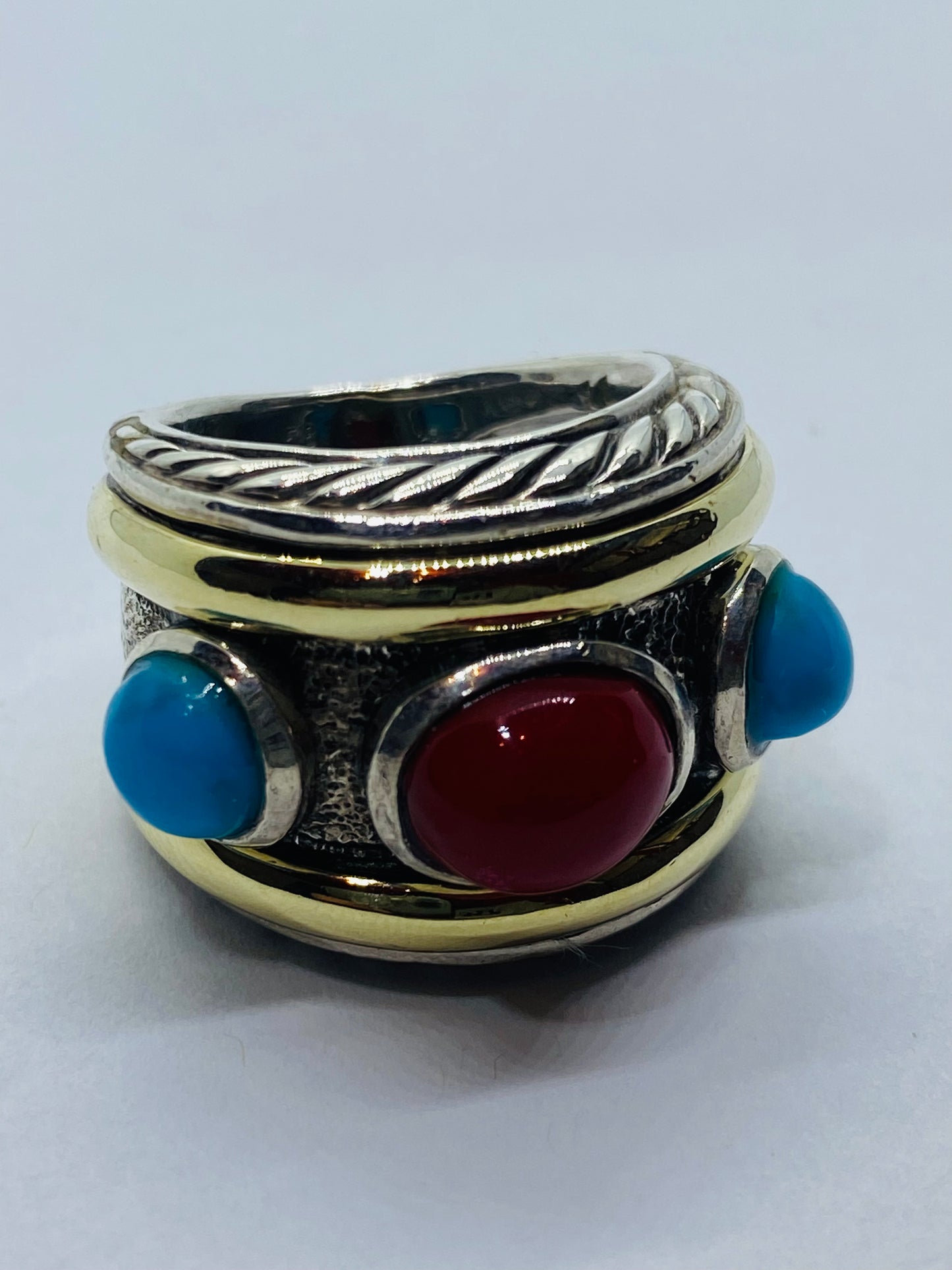 DAVID YURMAN 14K Gold Sterling Silver Turquoise Carnelian Renaissance Ring 5