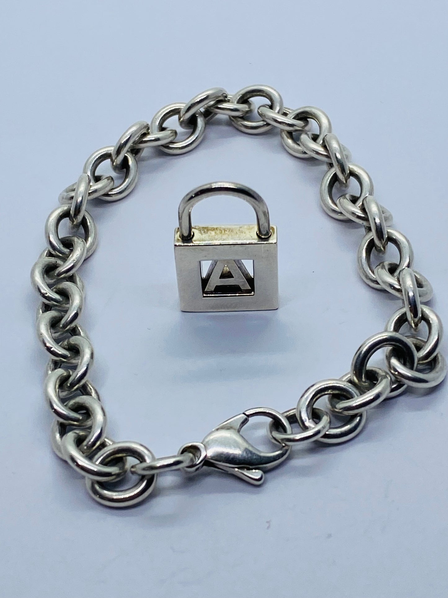 Tiffany & Co Sterling Silver Letter A Alphabet Initial Padlock Bracelet 8”