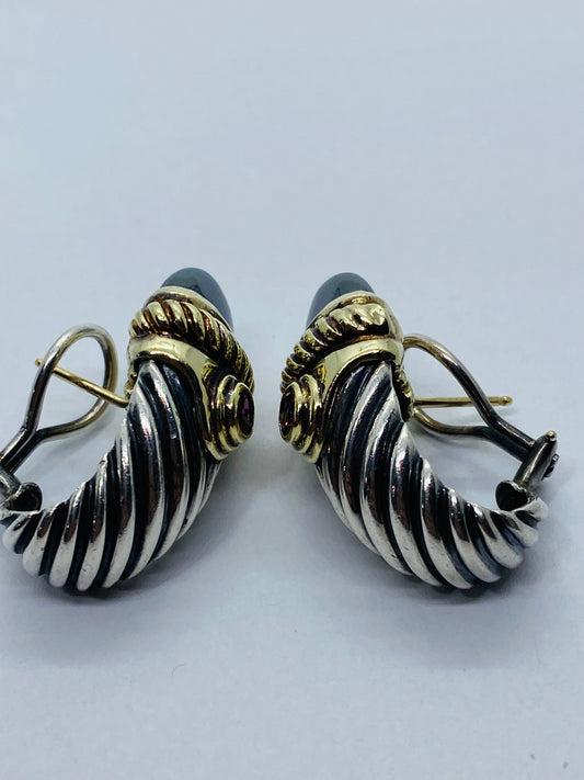 David Yurman Renaissance Shrimp Earrings 925/14K Gold Hematite Pink Tourmaline