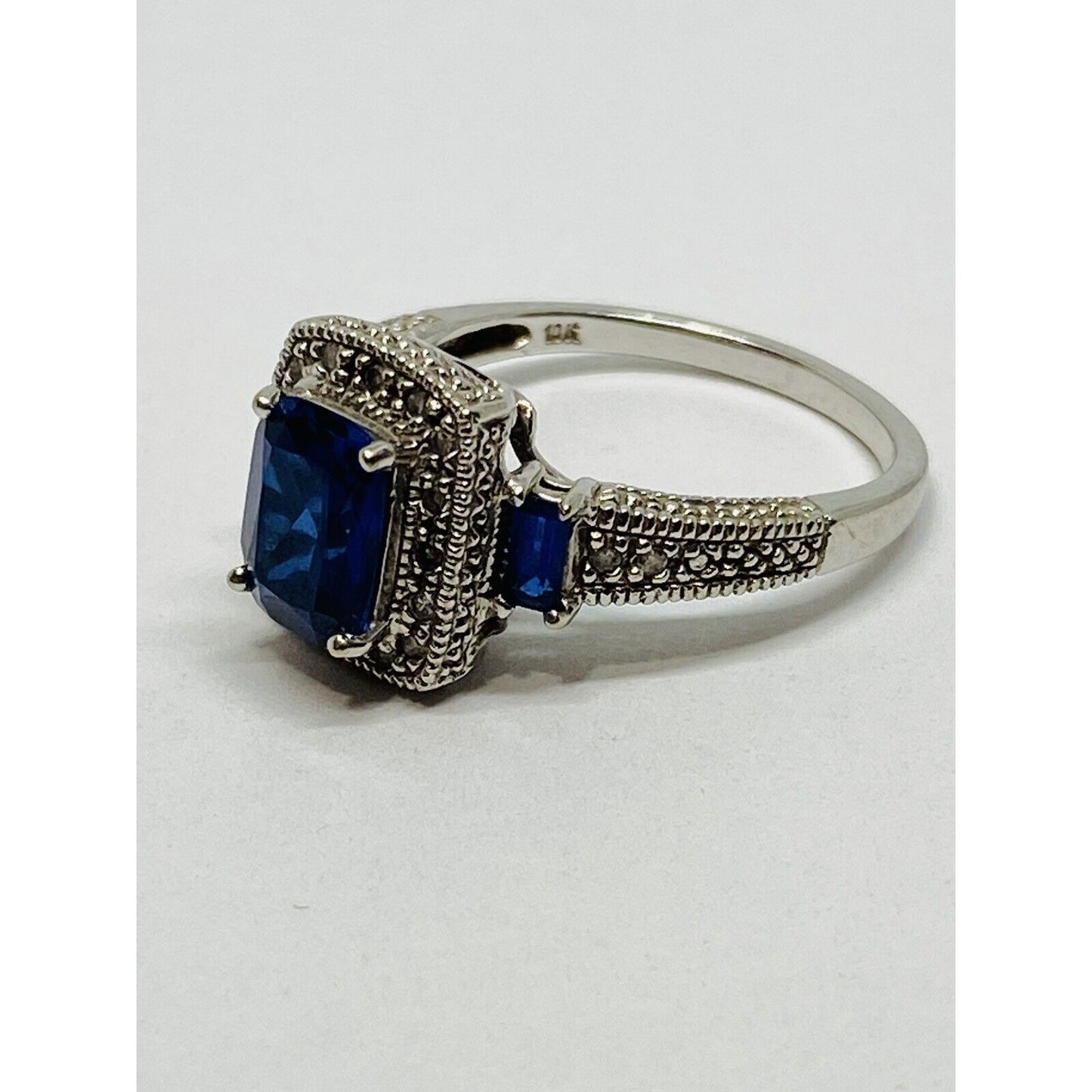 10k White Gold  Blue Sapphire & Diamond Halo Ring Signed FLI Size 6.75