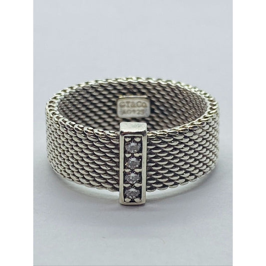 Tiffany & Co Sterling Silver Diamond Mesh Somerset Wide Band Ring. Retired
