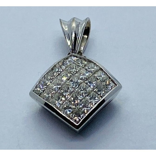 MODERN PRINCESS CUT INVISIBLE DIAMOND NECKLACE PENDANT CHARM 14K WHITE GOLD