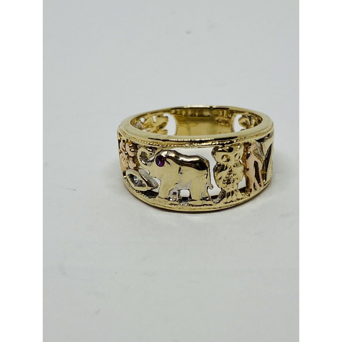 14K Solid Gold 10MM Wide Tri Color Good Luck Lucky Ring.  8.25 Ruby White Topaz