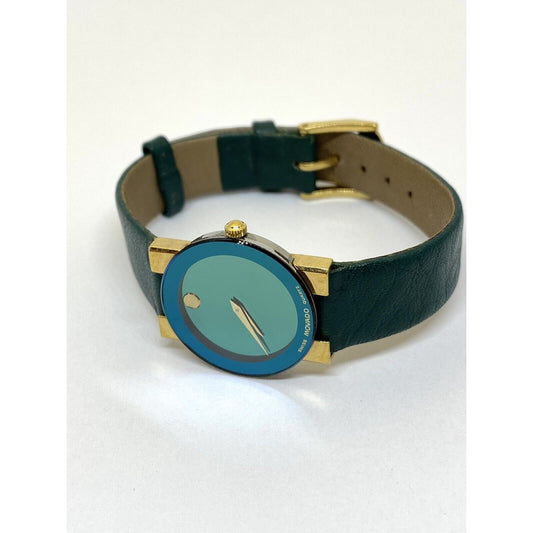Movado Limited Edition Ladies Gold Tone Museum Green Dial Leather Strap In Box