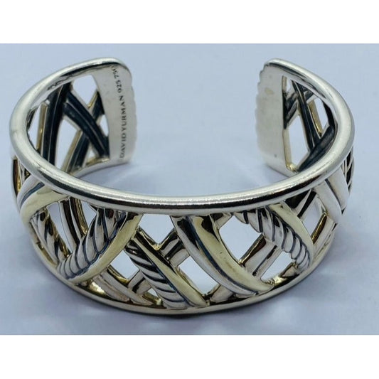 David Yurman Sterling Silver 18k Gold Papyrus Two Tone Wide Cuff Bangle Bracelet