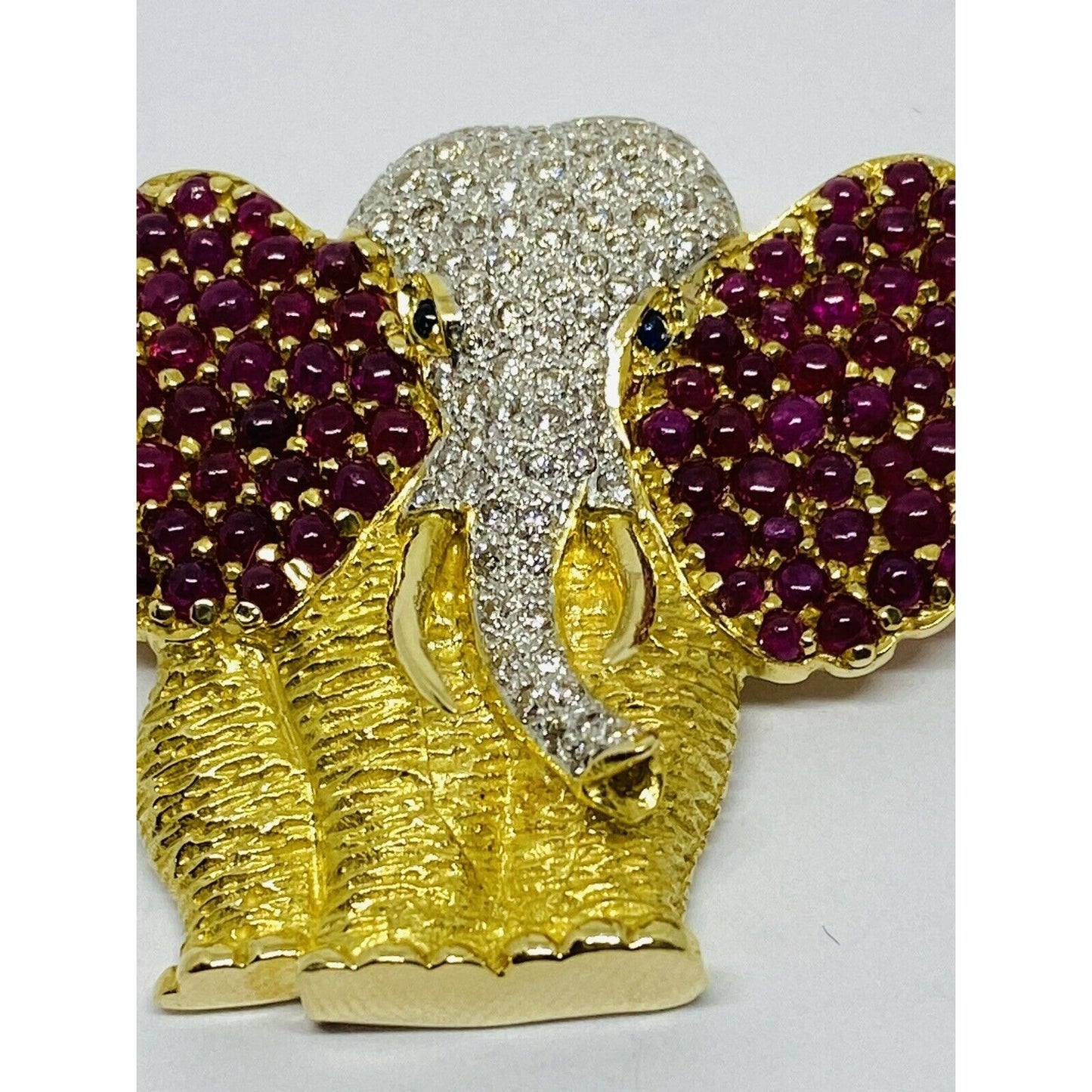 18k Solid Yellow Gold Elephant Brooch Pin With Natural Rubies Diamonds Sapphire