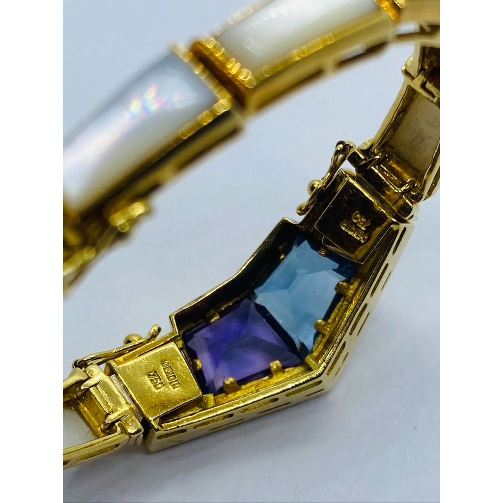 Denoir Diamond MOP Amethyst Topaz 18K Gold Chevron Bracelet 33.8 Grams