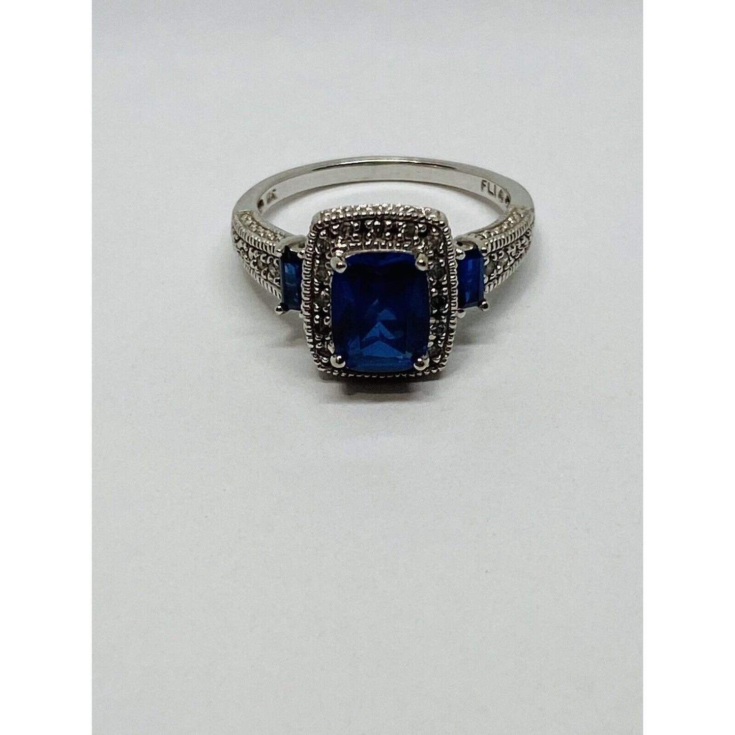 10k White Gold  Blue Sapphire & Diamond Halo Ring Signed FLI Size 6.75
