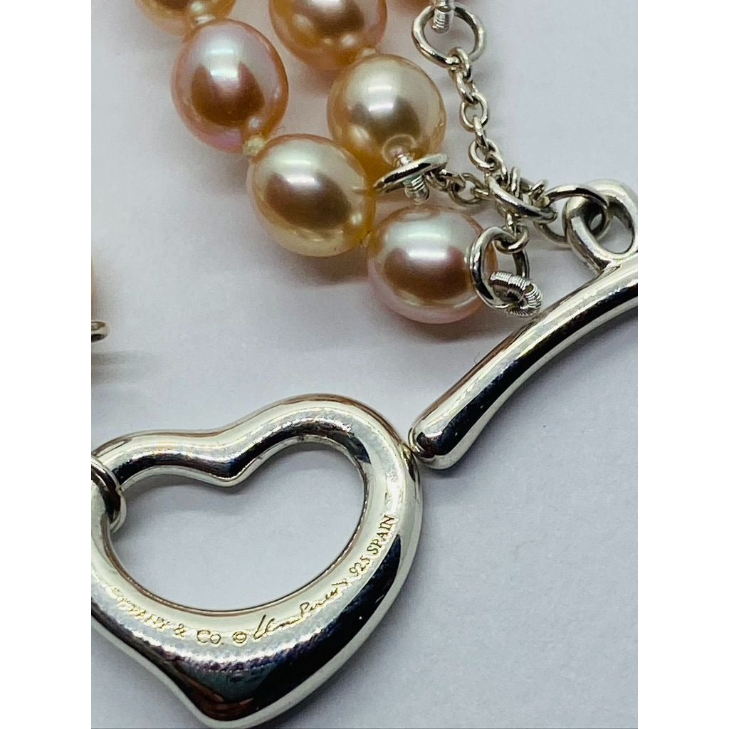 Tiffany & co. Elsa Peretti 3 Row Pink Pearl Heart Silver 925 Bracelet 7.5"