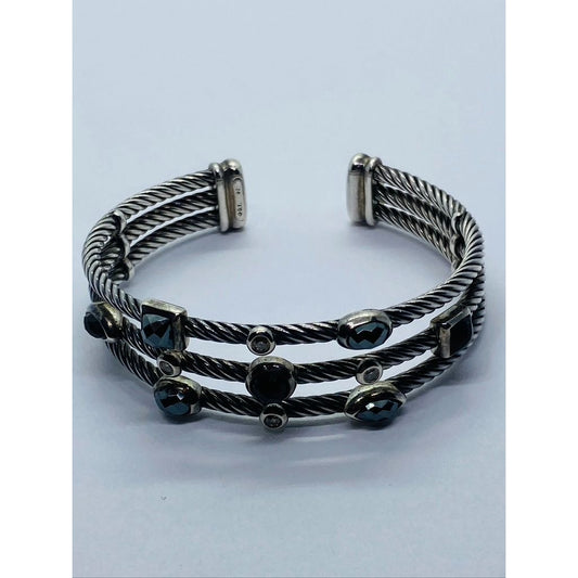 David Yurman Cable Sterling Silver Black Onyx Hematite & Diamond  Confetti Cuff Bracelet