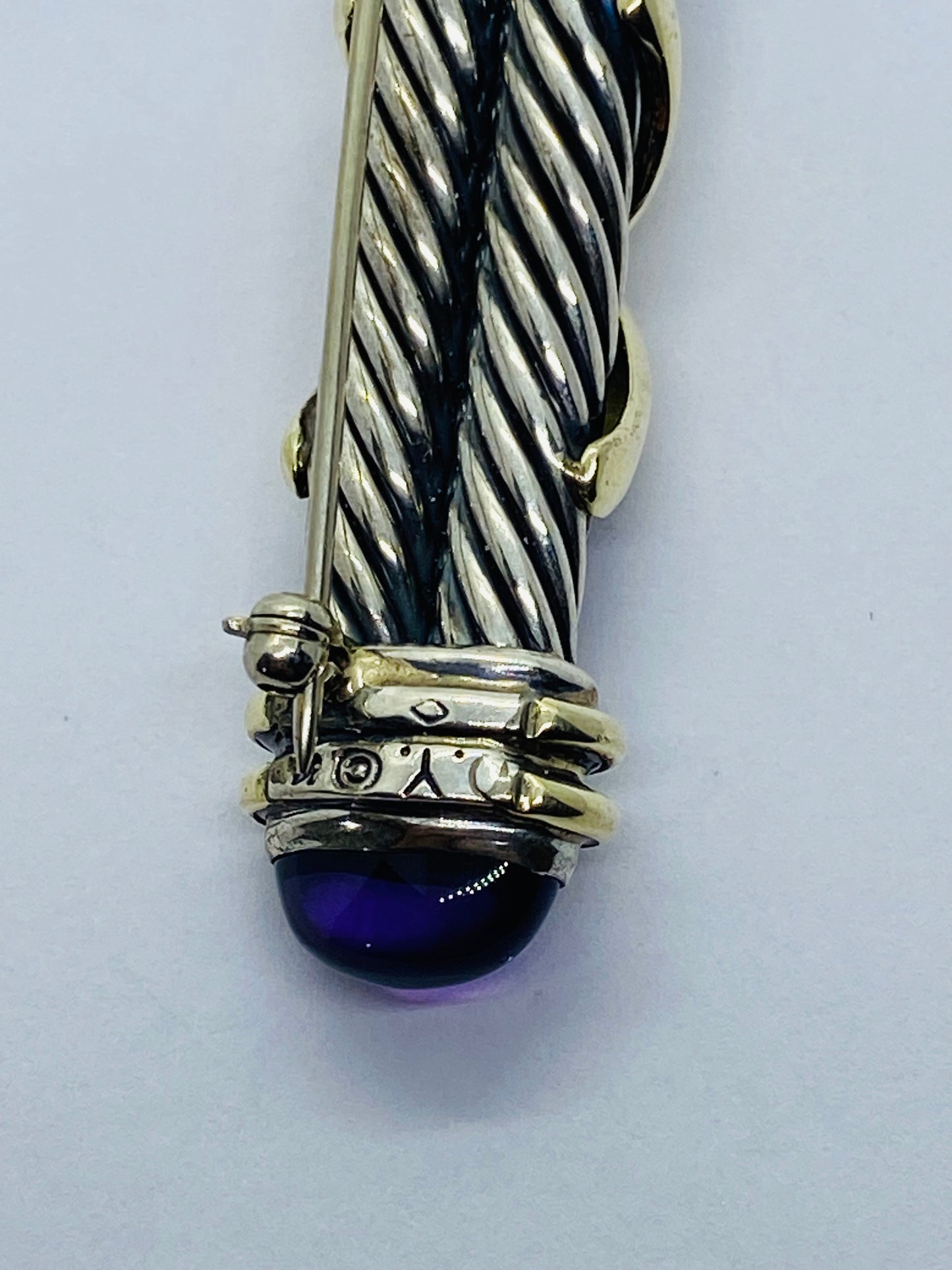 David Yurman Double Cable X Purple Amethyst SSilver 14K Gold Bar Brooch/Tie Pin