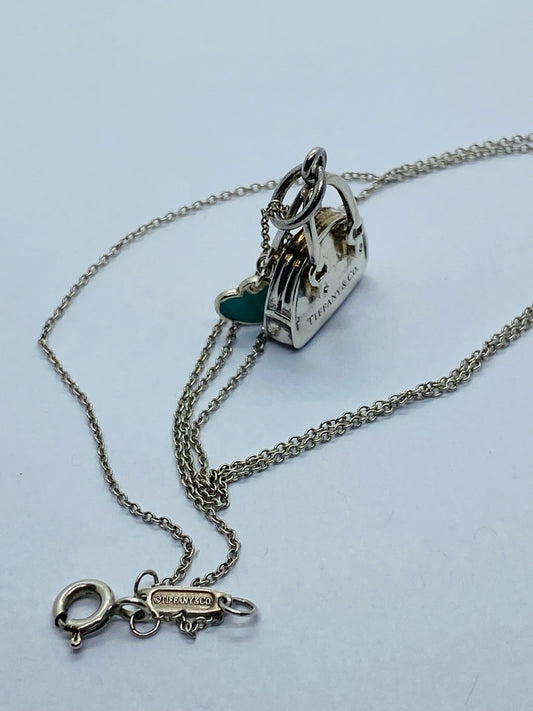 Tiffany & Co. Sterling Silver Handbag and Enamel Heart Italy  Pendant Necklace