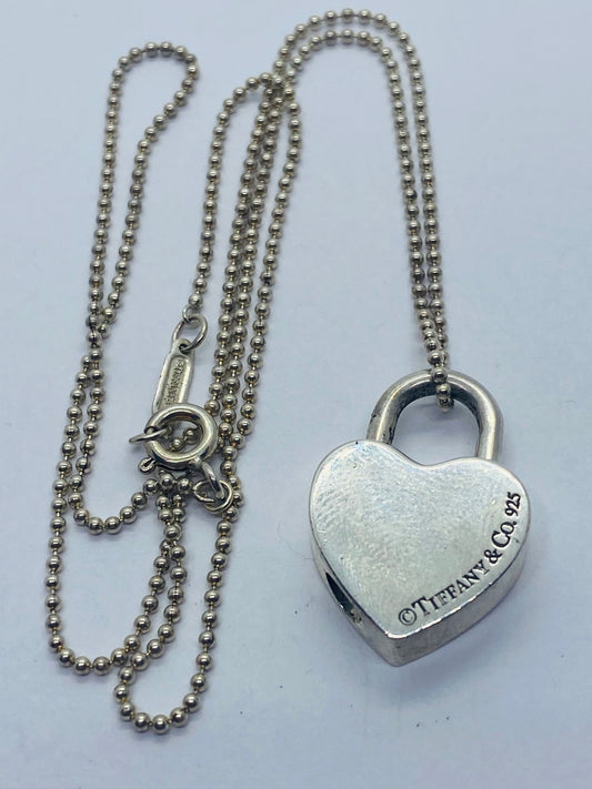 Tiffany & Co. Sterling Silver Blank Heart Padlock Pendant Necklace 18”