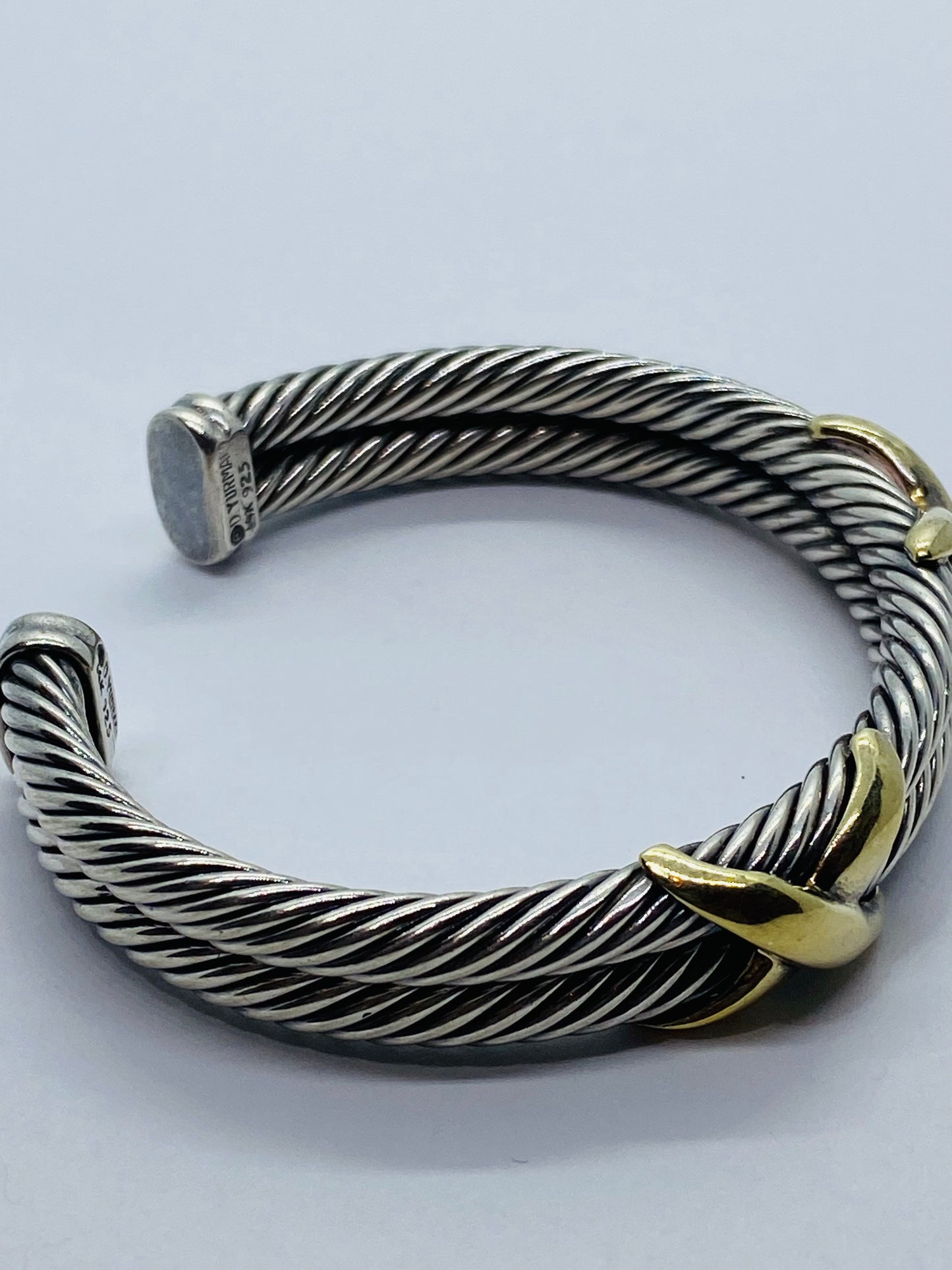 David Yurman Double X Cable Cuff Bracelet 6 1/4" Sterling 925 & Yellow Gold 14k