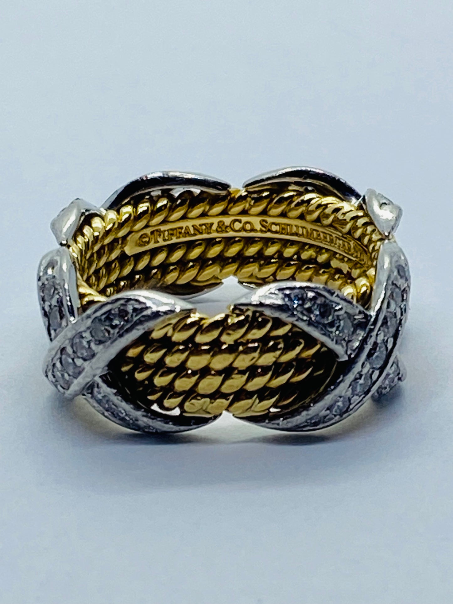 Tiffany & Co Schlumberger 18K YG, Platinum, & Diamond 4-row X Ring - Sz. 5.5
