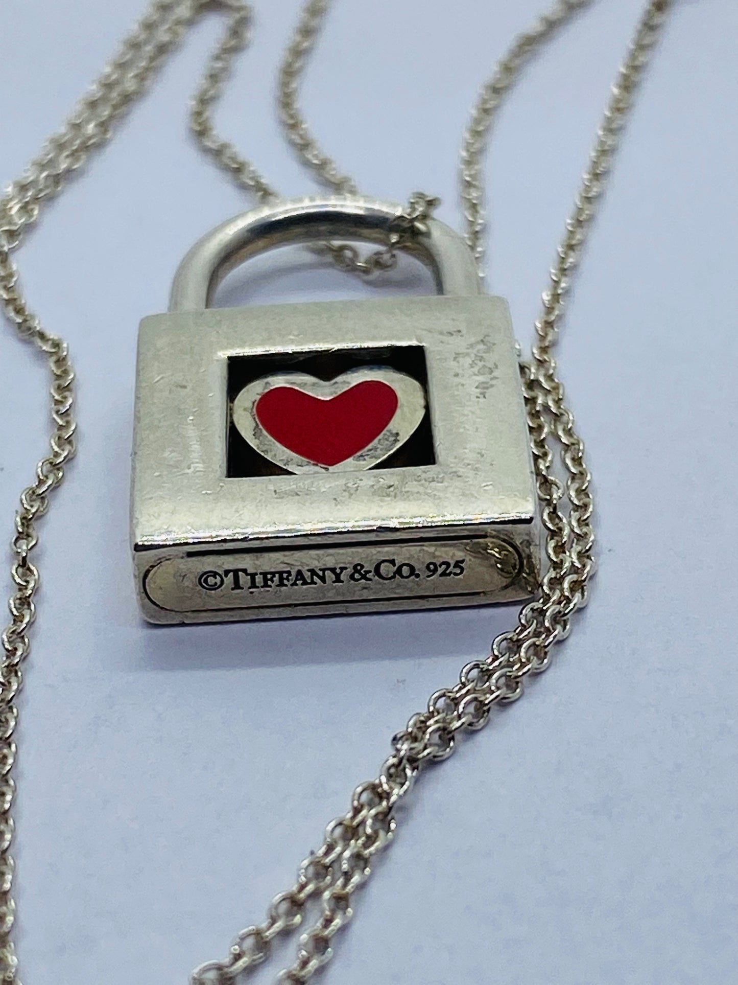 TIFFANY & CO. Red Heart Padlock Charm Sterling Silver Pendant Necklace 16”