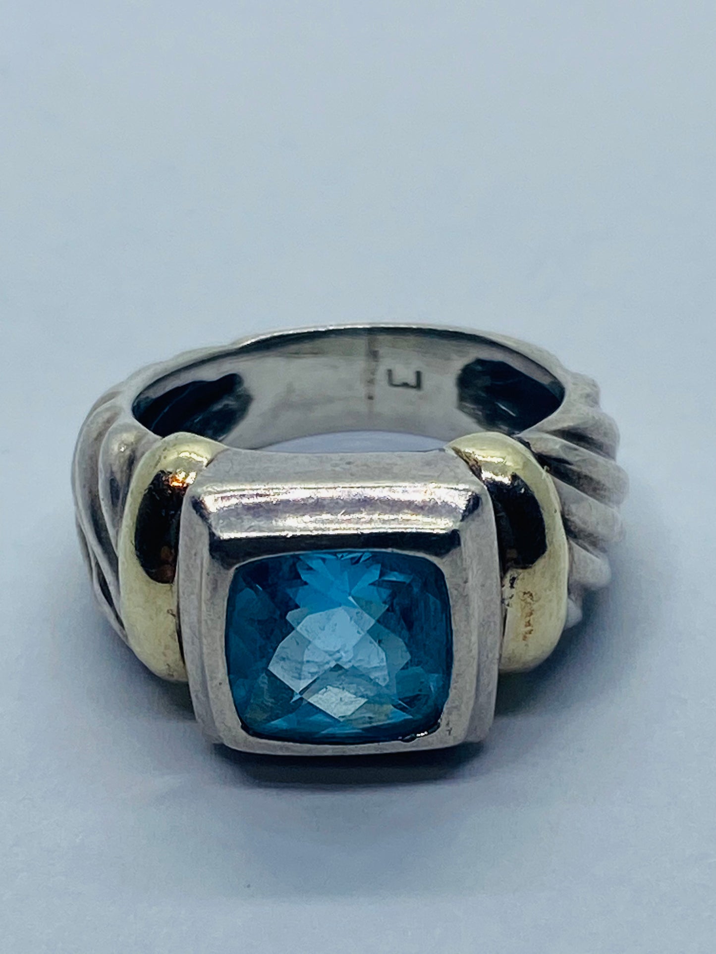 David Yurman Albion Sterling Silver & 14K Yellow Gold Blue Topaz Ring - Size 5