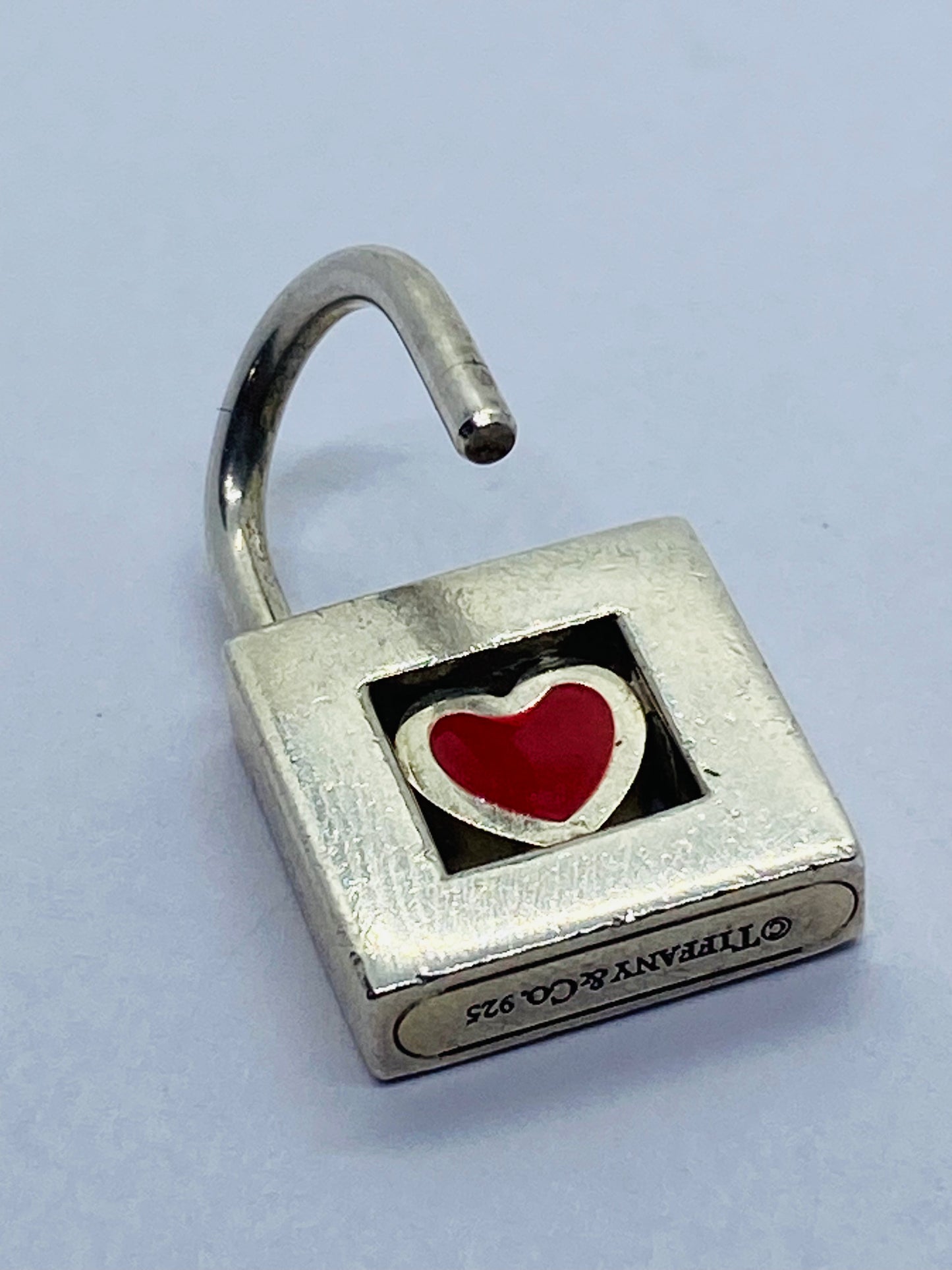 TIFFANY & CO. Red Heart Padlock Charm Sterling Silver Pendant Necklace 16”