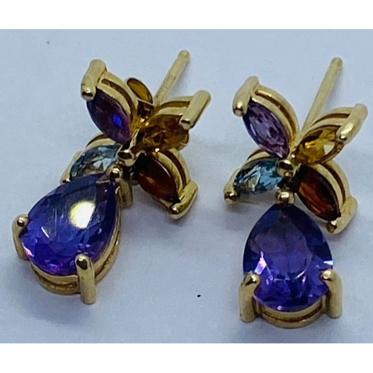 Solid 14K Yellow Gold Amethyst, Garnet, Citrine, Aquamarine Earrings