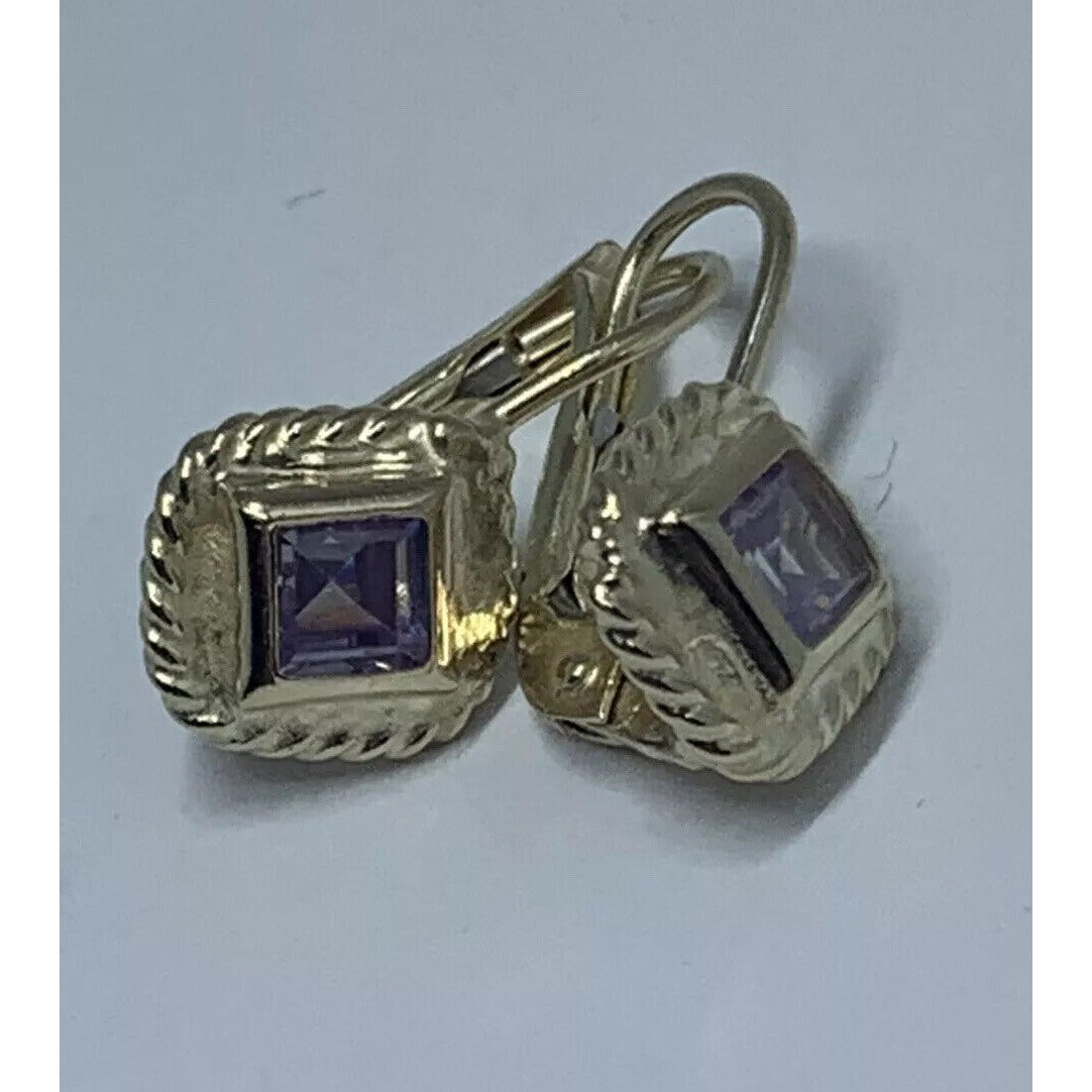 14K GOLD FRAMED PRINCESS CUT AMETHYST EARRINGS 7.5MM