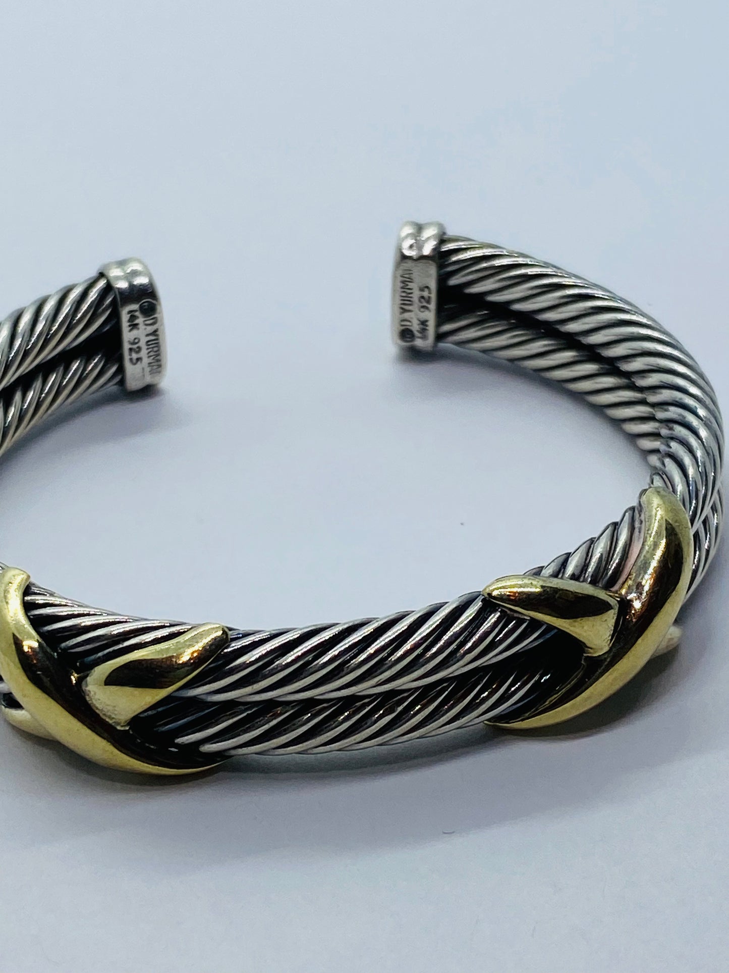 David Yurman Double X Cable Cuff Bracelet 6 1/4" Sterling 925 & Yellow Gold 14k