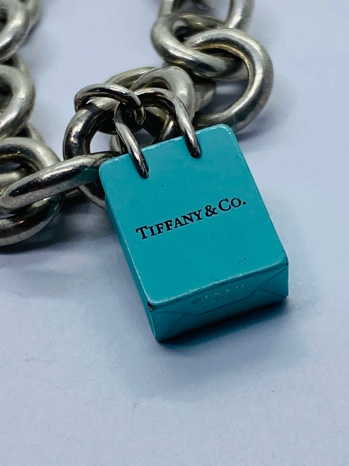 Tiffany & Co Rolo Link  Bracelet 8” W Blue Enamel Shopping Bag  T & Co 925 Pouch