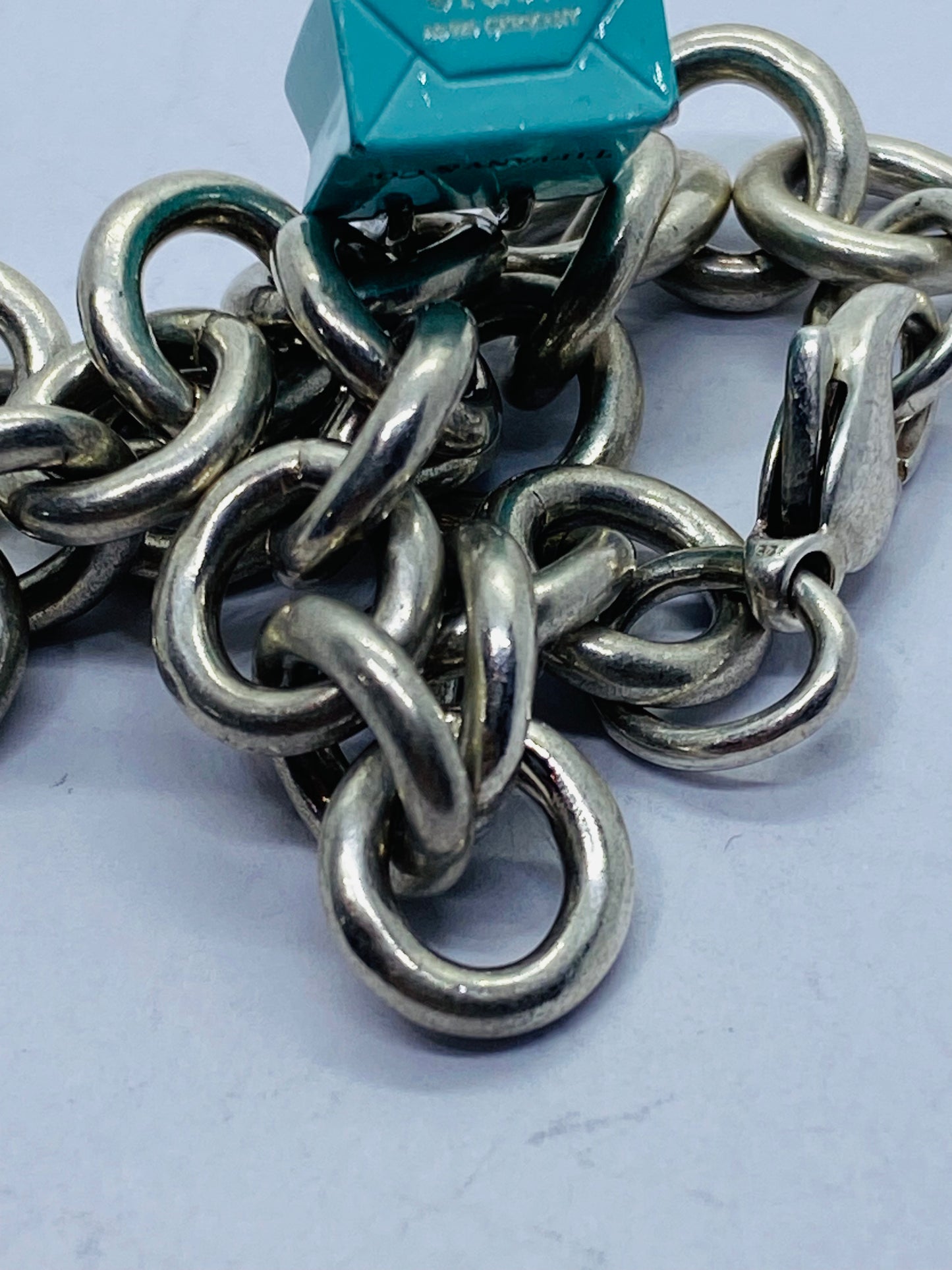Tiffany & Co Rolo Link  Bracelet 8” W Blue Enamel Shopping Bag  T & Co 925 Pouch
