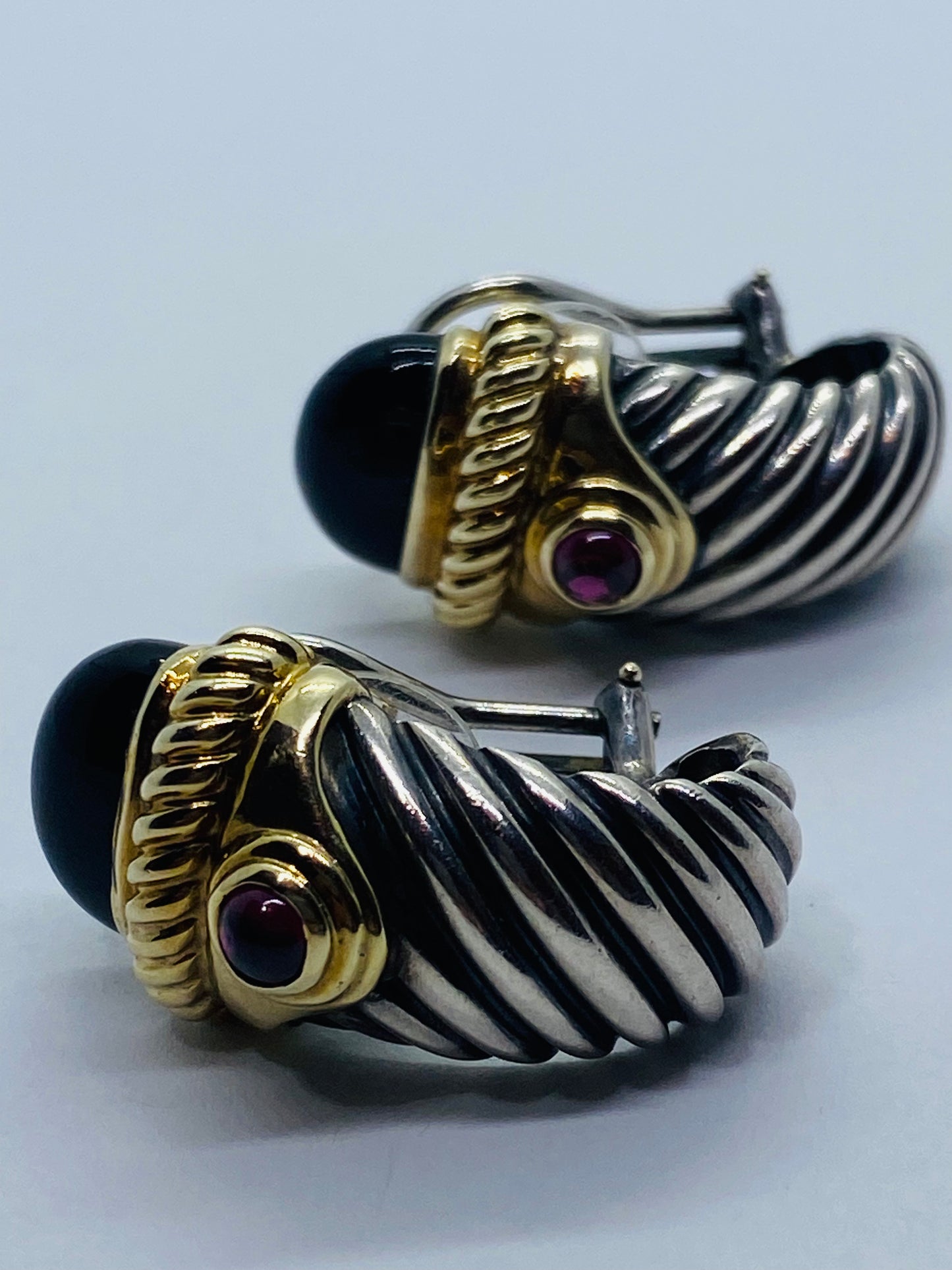 Authentic David Yurman Renaissance Shrimp Earrings 925/14K Onyx Pink Tourmaline