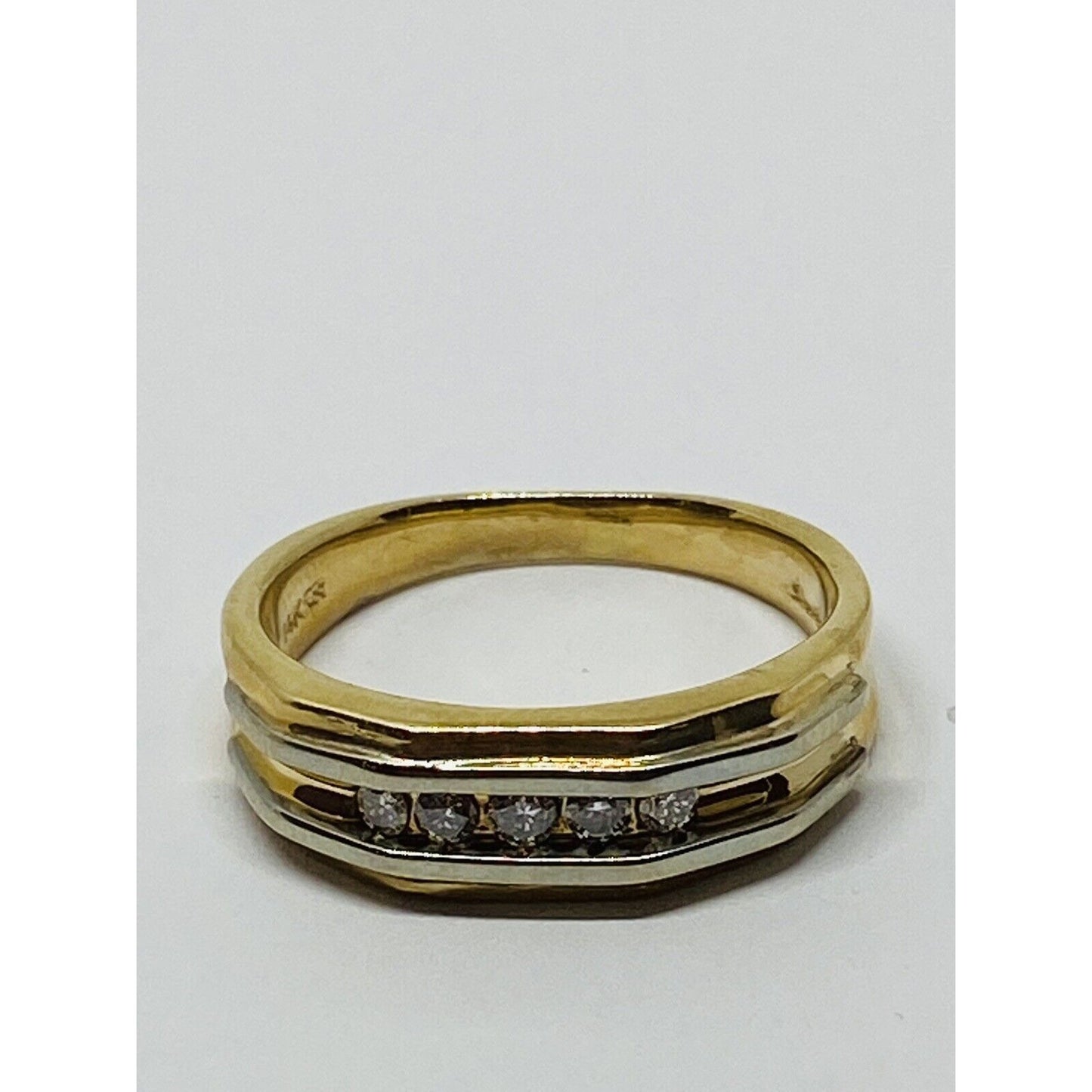 Beautiful Solid 14k White & Yellow Gold 5 Diamonds Men's  Band .20CT 7.8 Grams