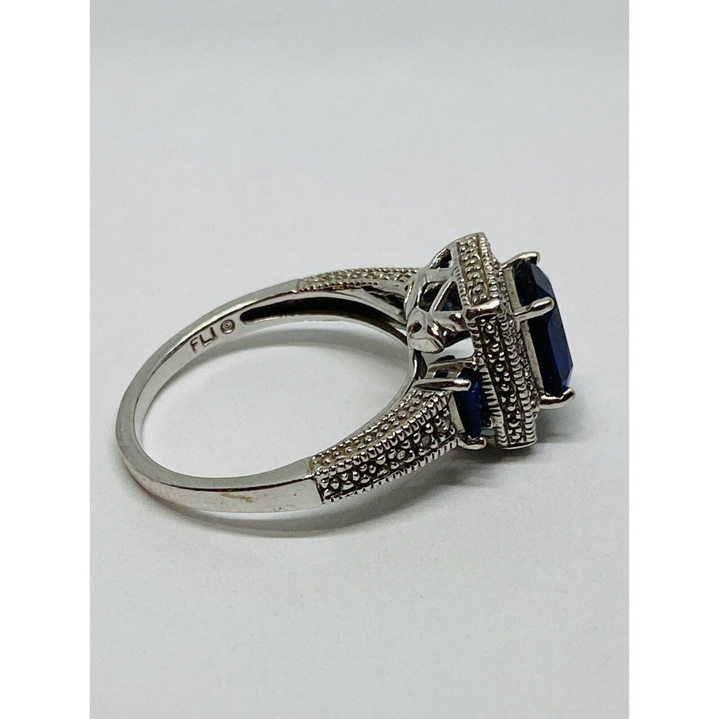 10k White Gold  Blue Sapphire & Diamond Halo Ring Signed FLI Size 6.75