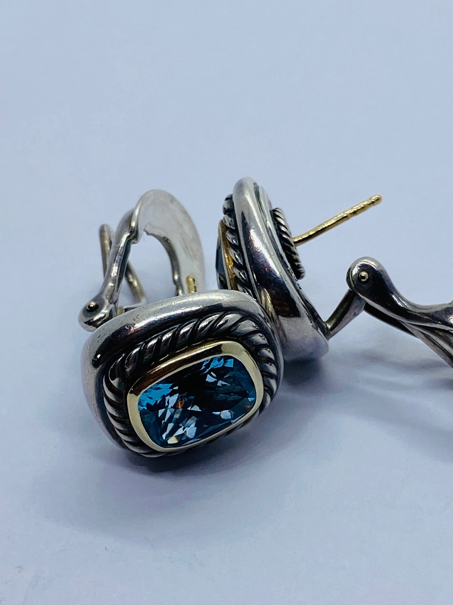 David Yurman Sterling Silver 925 14k Gold Blue Topaz Albion Earrings