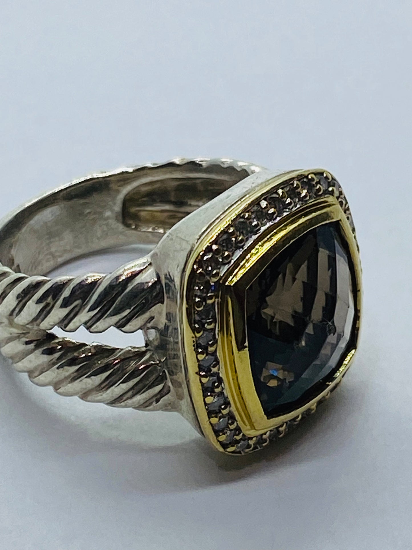 David Yurman Silver 925 & 18k Gold Albion 11mm Smoky Topaz Diamond Ring Sz 6.25