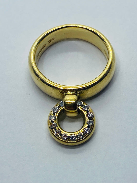 TIFFANY & Co. 18K 750 Yellow Gold Diamond Circle Charm Dangle Ring 3.5 Pouch Box