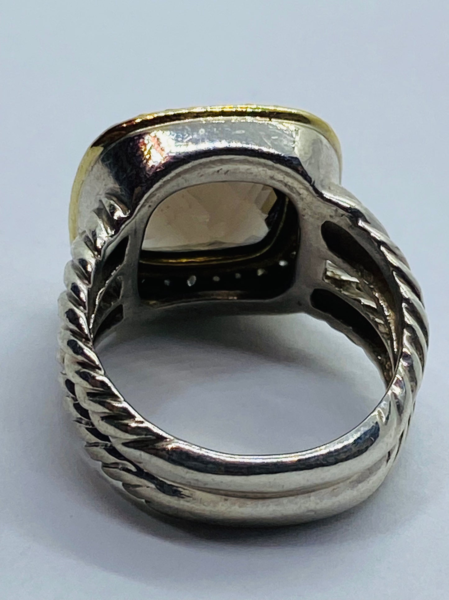 David Yurman Silver 925 & 18k Gold Albion 11mm Smoky Topaz Diamond Ring Sz 6.25