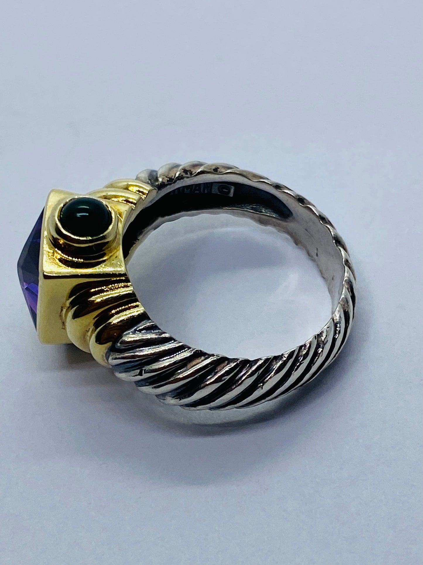 David Yurman 925 14K Gold Renaissance Cable Ring Amethyst Green Onyx  Sz 7.75